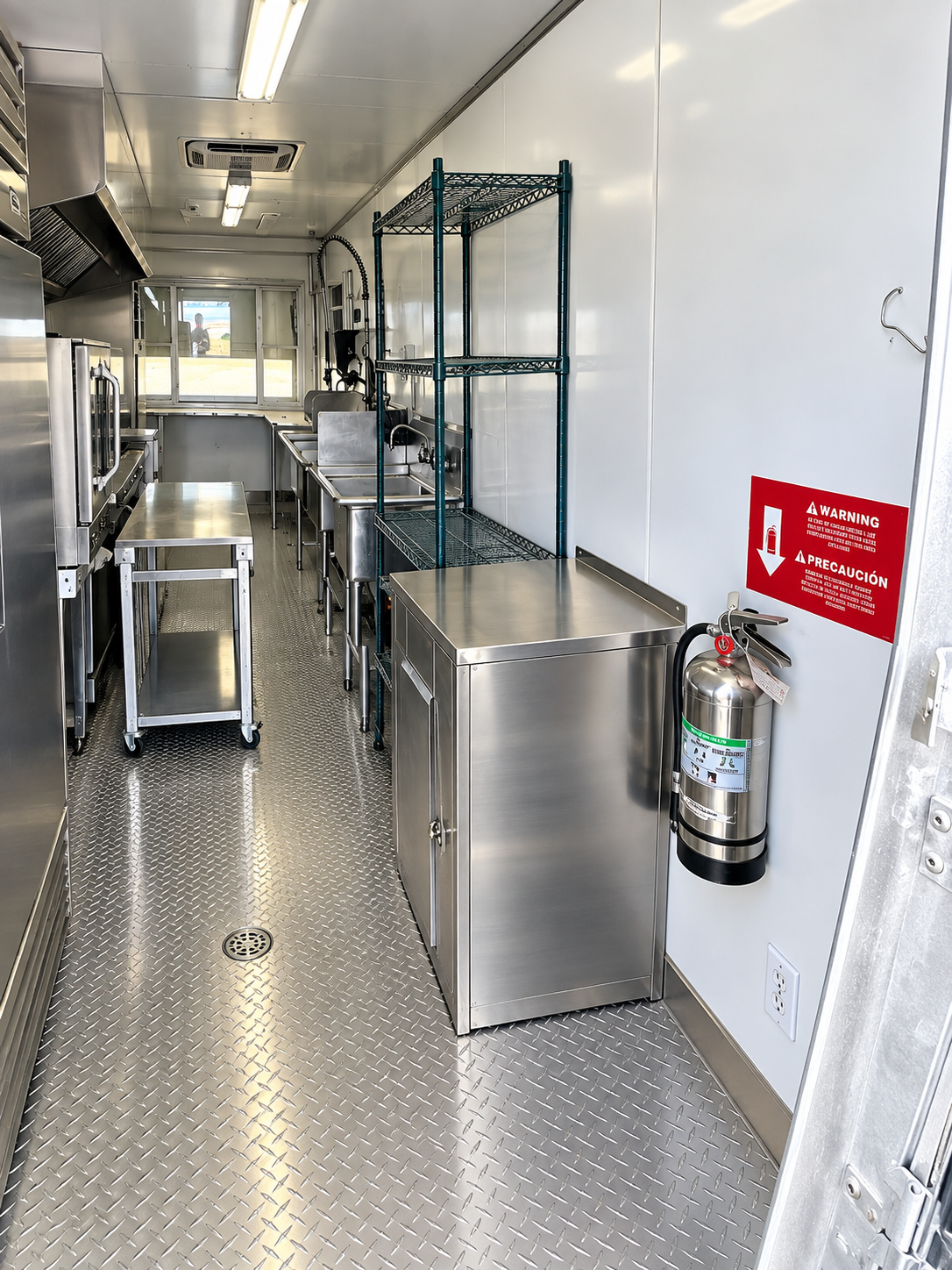 Stainless steel working areas inside a temporary commercial kitchen