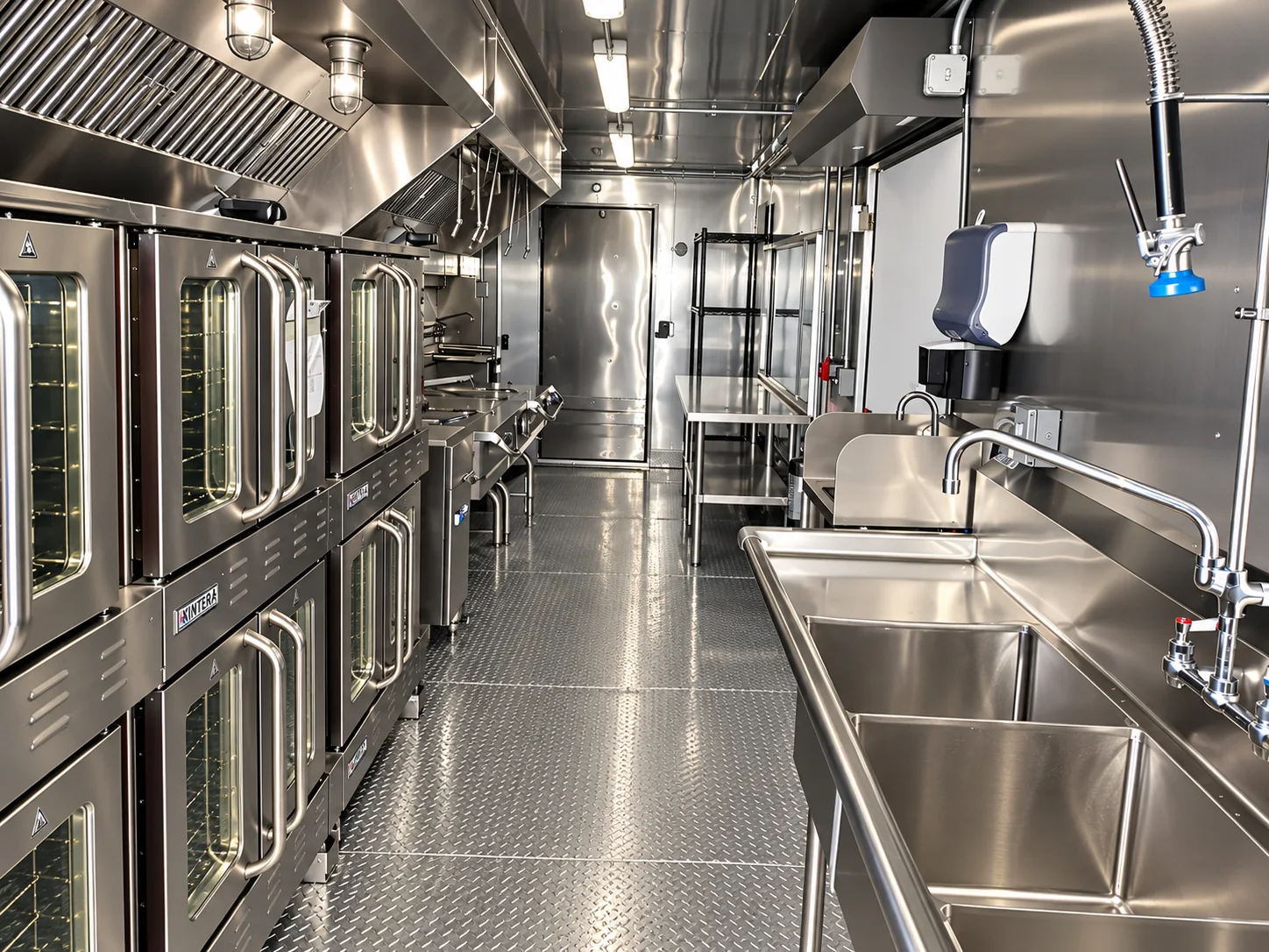 Bulk kitchen working aisle with ovens and wash sinks